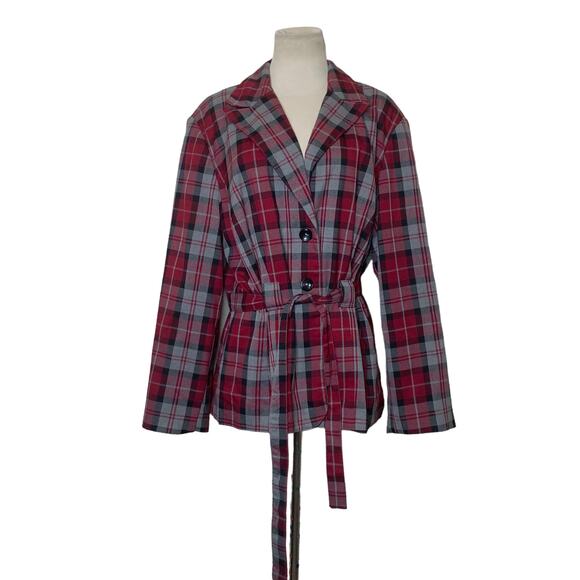Larry Levine red plaid button belted blazer jacket size XL - Picture 8 of 9